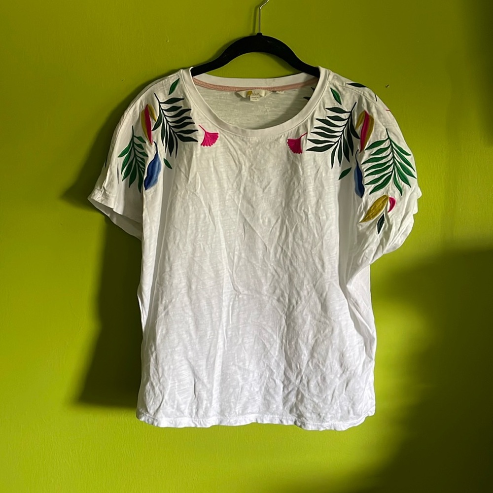 Boden White Tee Shirt With Colorful Floral Embroidery Size 14
